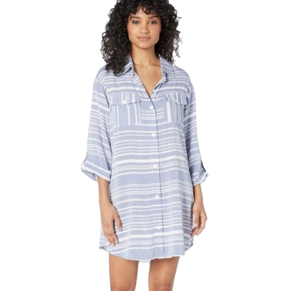 Dotti Chambray Blue Button Front Dress Coverup Lace Back 3/4 Sleeve Large